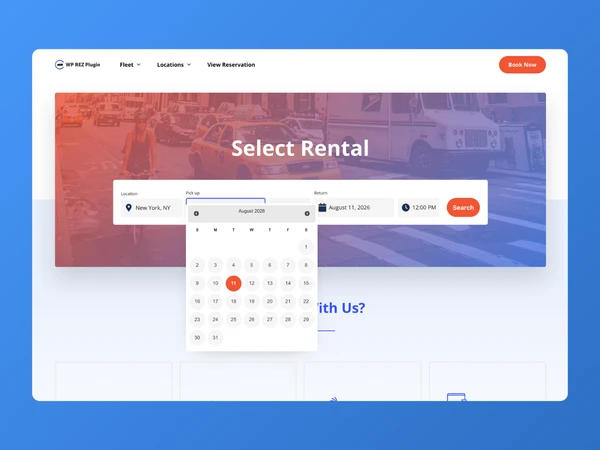 WP REZ Plugin booking step 1: customer selecting pickup location, dropoff location, and rental dates on a car rental website