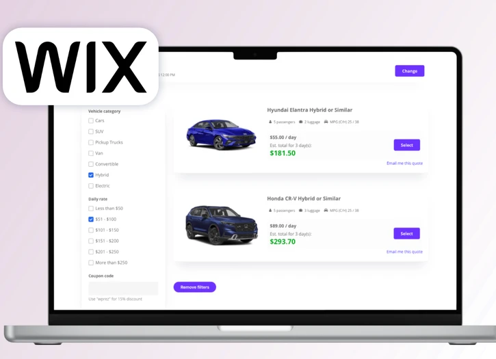 WP REZ Plugin is listing vehicles in real time on a website created with Wix